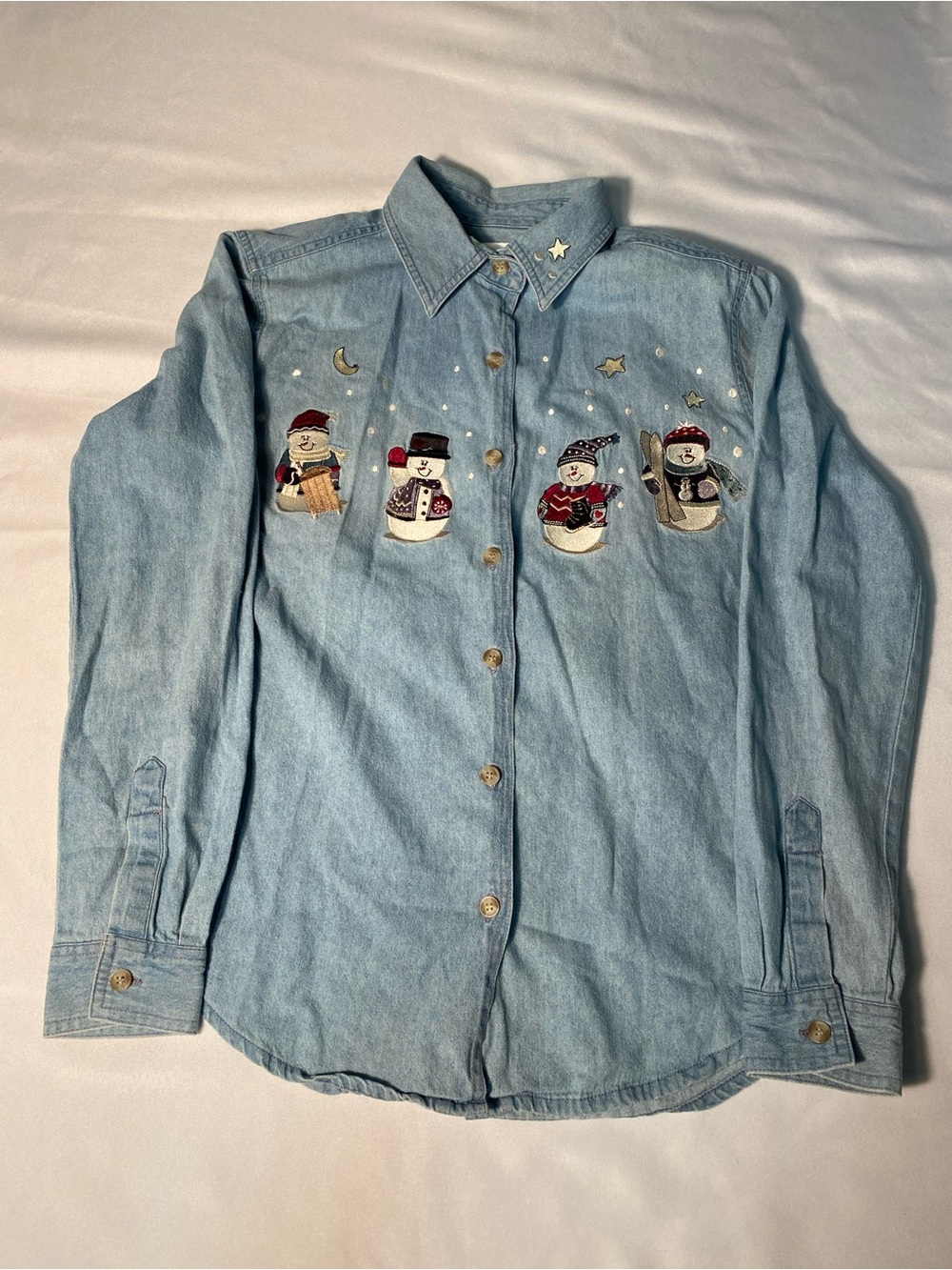 Woman’s Holiday Denim Shirt with Snowman Embroidery-Christopher Banks
